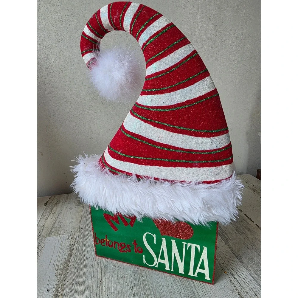 Vintage Pier 1 glitter Santa hat metal‎ feather red sparkle Xmas decor